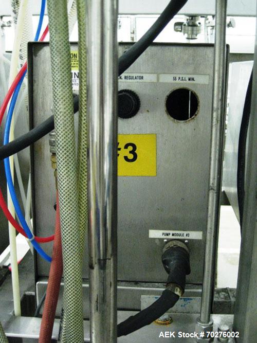 Used Oden Profil 1000 6-Head Inline Volumetric Filler. This unit features six (6) Waukesha Model 15 universal pumps and is currently set up with 1 inch diameter positive shut off nozzles. Pin Indexin...