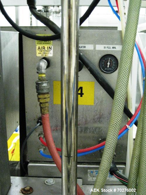 Used Oden Profil 1000 6-Head Inline Volumetric Filler. This unit features six (6) Waukesha Model 15 universal pumps and is currently set up with 1 inch diameter positive shut off nozzles. Pin Indexin...