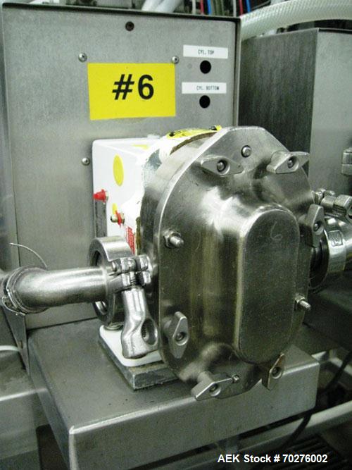 Used Oden Profil 1000 6-Head Inline Volumetric Filler. This unit features six (6) Waukesha Model 15 universal pumps and is currently set up with 1 inch diameter positive shut off nozzles. Pin Indexin...