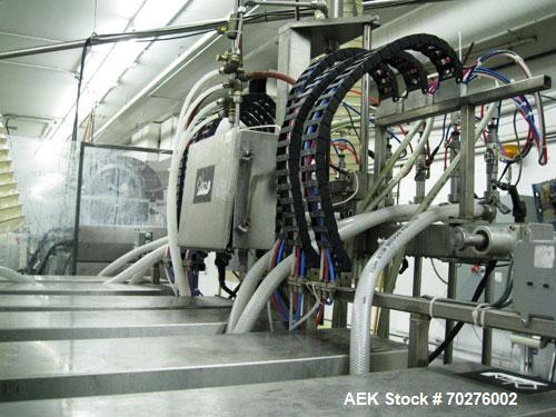 Used Oden Profil 1000 6-Head Inline Volumetric Filler. This unit features six (6) Waukesha Model 15 universal pumps and is currently set up with 1 inch diameter positive shut off nozzles. Pin Indexin...