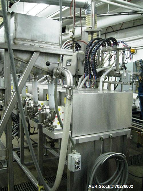 Used Oden Profil 1000 6-Head Inline Volumetric Filler. This unit features six (6) Waukesha Model 15 universal pumps and is currently set up with 1 inch diameter positive shut off nozzles. Pin Indexin...
