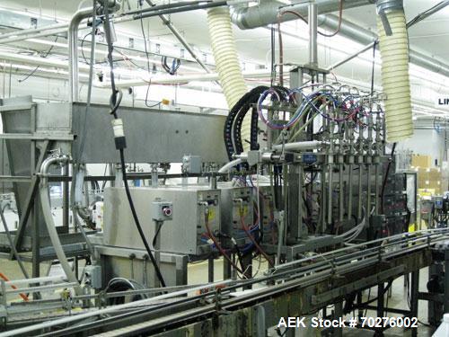 Used Oden Profil 1000 6-Head Inline Volumetric Filler. This unit features six (6) Waukesha Model 15 universal pumps and is currently set up with 1 inch diameter positive shut off nozzles. Pin Indexin...