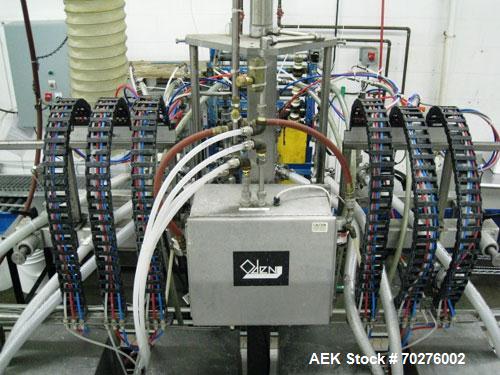 Used Oden Profil 1000 6-Head Inline Volumetric Filler. This unit features six (6) Waukesha Model 15 universal pumps and is currently set up with 1 inch diameter positive shut off nozzles. Pin Indexin...
