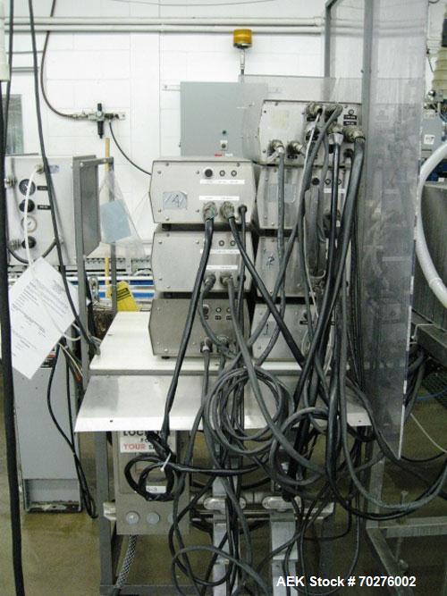 Used Oden Profil 1000 6-Head Inline Volumetric Filler. This unit features six (6) Waukesha Model 15 universal pumps and is currently set up with 1 inch diameter positive shut off nozzles. Pin Indexin...