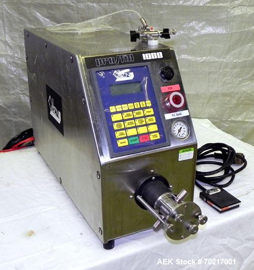 Used Oden Pro/Fill 1000 Benchtop Liquid Filler, Model PF1K. Applications include free flowing to low viscosity products. Now equipped with a stainless steel T-Pump for 0.9 gpm, pinch valve shut-off ,...