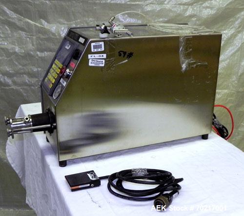 Used Oden Pro/Fill 1000 Benchtop Liquid Filler, Model PF1K. Applications include free flowing to low viscosity products. Now equipped with a stainless steel T-Pump for 0.9 gpm, pinch valve shut-off ,...
