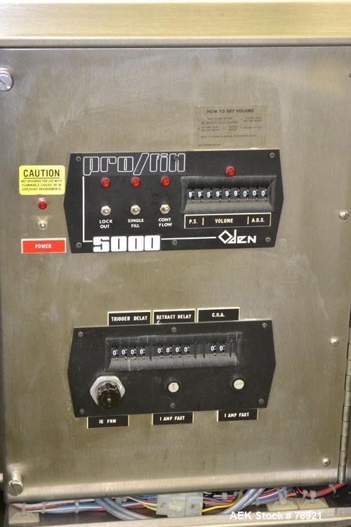 Used Oden Metering Filler,Semi Auto with foot pedal swicth. Model Pro Fill 5000, 2 Gallon Per Minute Capacity. Consisting of: (1) Waukesha rotary positive displacement pump, model 3DO, stainless stee...