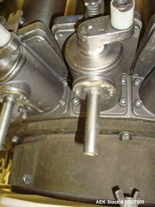 Used Elmar Model RPE521T 21 head piston filler. Previously used for garlic butter. 6 oz jar change parts. Stainless steel frame. 11/16" OD nozzles with 7/16" ID.
