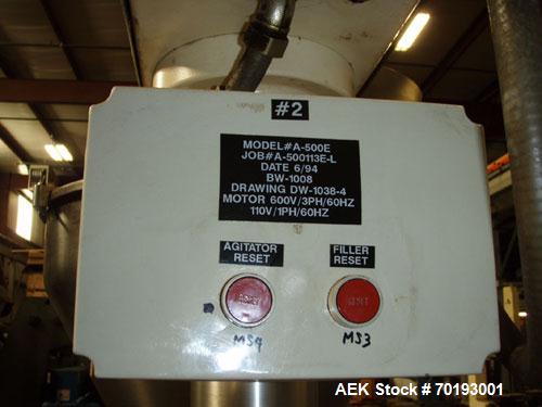 Used AMS Model A-500E Dual Head Auger Filler. Machine has 2 A-100 with agitated hoppers, can handle free flowing and non-free flowing dry and liquid products. Machine has a stainless steel top and an...
