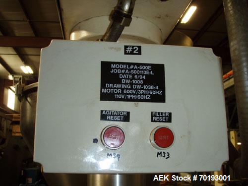 Used-AMS Model A-500E Dual Head Auger Filler. Machine has 2 A-100 with agitated hoppers, can handle free flowing and non-fre...