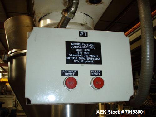 Used AMS Model A-500E Dual Head Auger Filler. Machine has 2 A-100 with agitated hoppers, can handle free flowing and non-free flowing dry and liquid products. Machine has a stainless steel top and an...