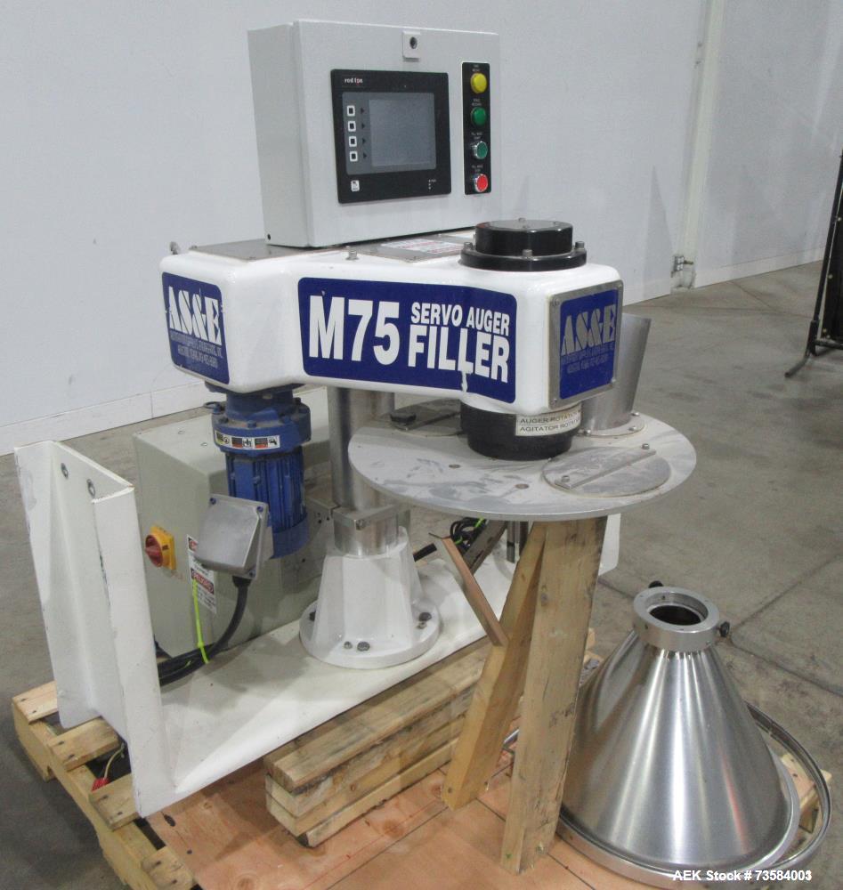 Used AS&E (Automation Supply and Engineering) Automatic Inline Powder Auger Filling System, Model M75. Serrvo-driven auger filler. Includes hopper and control system. Designed for top-mounted filling...