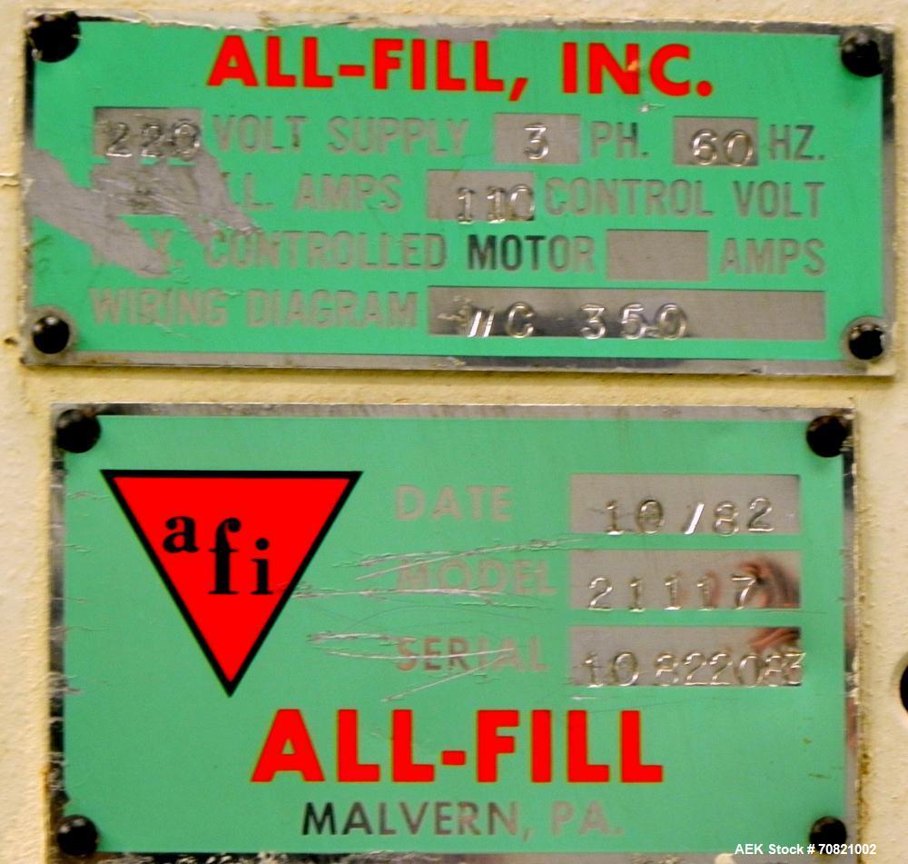 Used All-Fill Model SHA Automatic Inline Auger Filler. Capable of speeds up to 50 containers per minute (depending on size). Container size range: (diameter) up to 6" (height) 1-3/16" to 9-3/16". All...