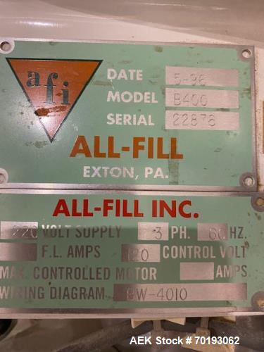 Used All-Fill B400 Inline Powder Filler | Automatic | Single Head | 8’ SS Conveyor | Allen-Bradley Controls