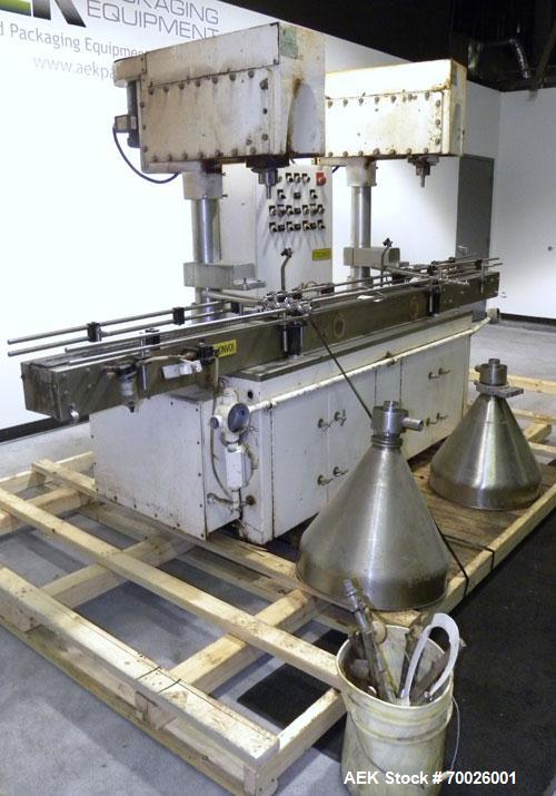 Used All Fill DHA Dual Head Automatic Inline Auger Filler, Model 100141. Capable of speeds up to 60 cpm depending on product. Has a 10' long dual chain type conveyor, driven by a 1/2 hp, 90 volt, 175...