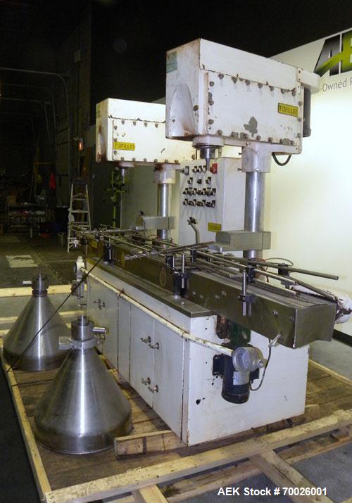 Used All Fill DHA Dual Head Automatic Inline Auger Filler, Model 100141. Capable of speeds up to 60 cpm depending on product. Has a 10' long dual chain type conveyor, driven by a 1/2 hp, 90 volt, 175...