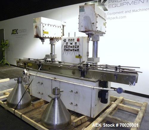 Used All Fill DHA Dual Head Automatic Inline Auger Filler, Model 100141. Capable of speeds up to 60 cpm depending on product. Has a 10' long dual chain type conveyor, driven by a 1/2 hp, 90 volt, 175...