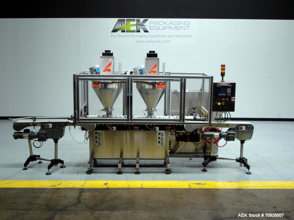 Used All Fill Model DHAA-S-V-600 automatic dual head inline auger filler. Servo driven fill heads with auxiliary agitation, Hopper level detectors, Servo driven timing helix for container conveying, ...