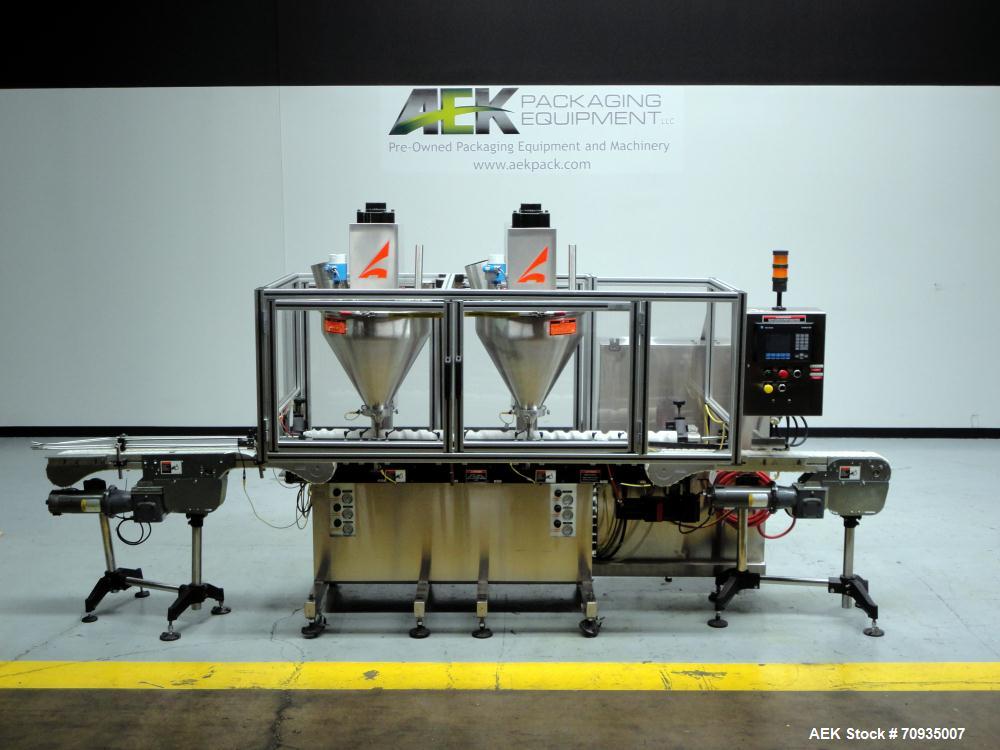 Used All Fill Model DHAA-S-V-600 automatic dual head inline auger filler. Servo driven fill heads with auxiliary agitation, Hopper level detectors, Servo driven timing helix for container conveying, ...
