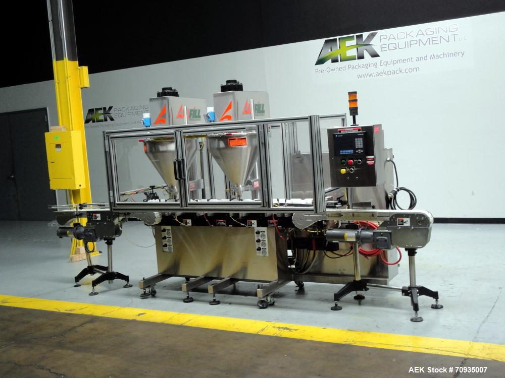 Used All Fill Model DHAA-S-V-600 automatic dual head inline auger filler. Servo driven fill heads with auxiliary agitation, Hopper level detectors, Servo driven timing helix for container conveying, ...