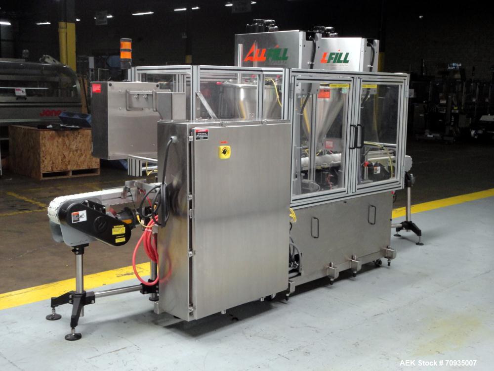 Used All Fill Model DHAA-S-V-600 automatic dual head inline auger filler. Servo driven fill heads with auxiliary agitation, Hopper level detectors, Servo driven timing helix for container conveying, ...