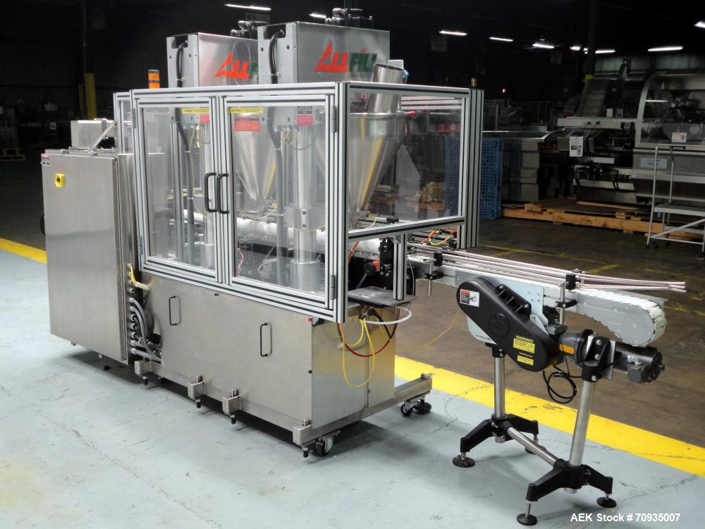 Used All Fill Model DHAA-S-V-600 automatic dual head inline auger filler. Servo driven fill heads with auxiliary agitation, Hopper level detectors, Servo driven timing helix for container conveying, ...