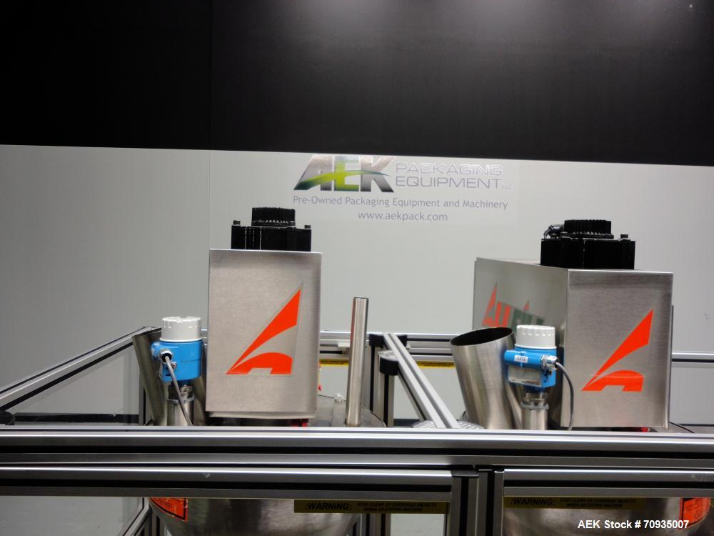 Used All Fill Model DHAA-S-V-600 automatic dual head inline auger filler. Servo driven fill heads with auxiliary agitation, Hopper level detectors, Servo driven timing helix for container conveying, ...