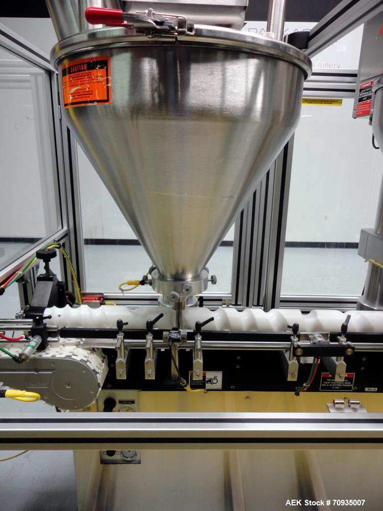 Used All Fill Model DHAA-S-V-600 automatic dual head inline auger filler. Servo driven fill heads with auxiliary agitation, Hopper level detectors, Servo driven timing helix for container conveying, ...