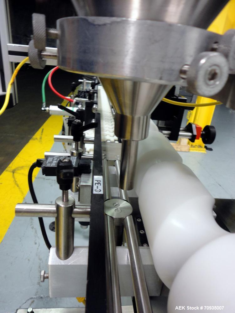 Used All Fill Model DHAA-S-V-600 automatic dual head inline auger filler. Servo driven fill heads with auxiliary agitation, Hopper level detectors, Servo driven timing helix for container conveying, ...