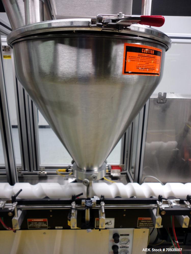Used All Fill Model DHAA-S-V-600 automatic dual head inline auger filler. Servo driven fill heads with auxiliary agitation, Hopper level detectors, Servo driven timing helix for container conveying, ...