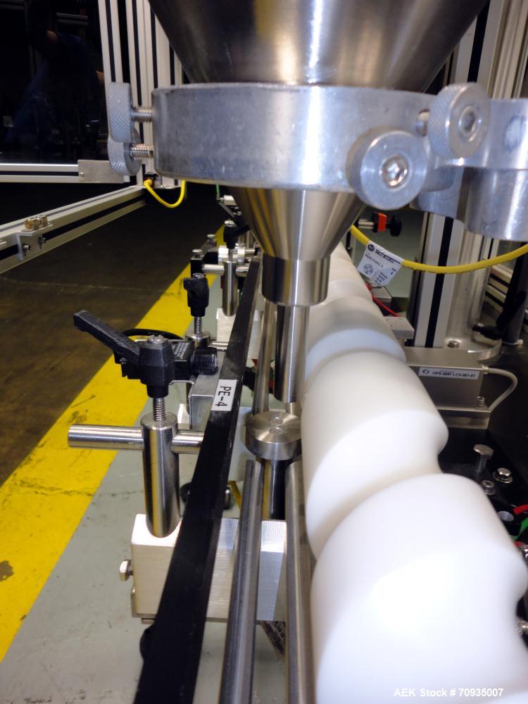 Used All Fill Model DHAA-S-V-600 automatic dual head inline auger filler. Servo driven fill heads with auxiliary agitation, Hopper level detectors, Servo driven timing helix for container conveying, ...