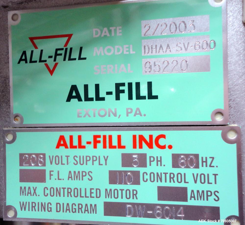 Used All Fill Model DHAA-S-V-600 automatic dual head inline auger filler. Servo driven fill heads with auxiliary agitation, Hopper level detectors, Servo driven timing helix for container conveying, ...