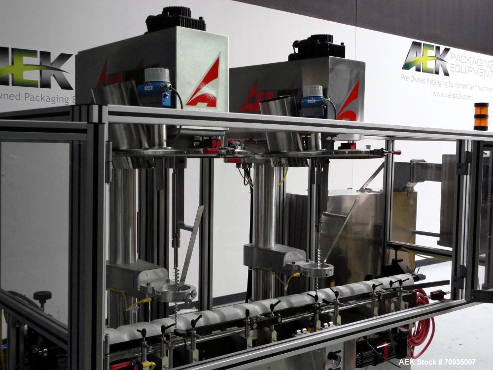 Used All Fill Model DHAA-S-V-600 automatic dual head inline auger filler. Servo driven fill heads with auxiliary agitation, Hopper level detectors, Servo driven timing helix for container conveying, ...