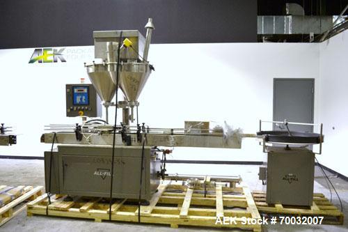Used All-Fill Dual Head Automatic Container / Tub Filling Line. Line consists of: 48" diameter unscrambling feed disc, All Fill model DHA dual head auger filler with 10 gallon (38 liter) agitated hop...
