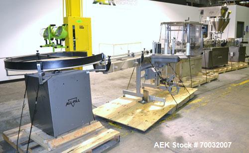 Used All-Fill Dual Head Automatic Container / Tub Filling Line. Line consists of: 48" diameter unscrambling feed disc, All Fill model DHA dual head auger filler with 10 gallon (38 liter) agitated hop...