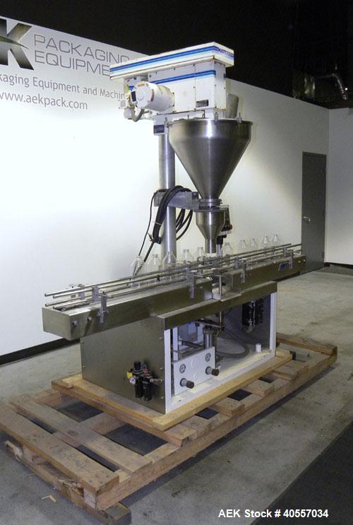 Used Mateer-Burt 3900 Series Automatic Auger Filler, Model 3919. Capable of speeds up to 90 containers per minute, depending on product. Has pin indexing system, bottom up fill and a stainless steel ...