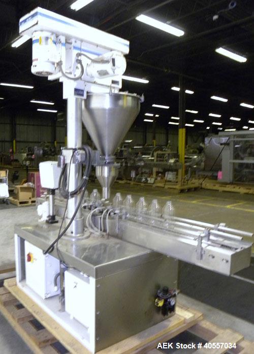 Used Mateer-Burt 3900 Series Automatic Auger Filler, Model 3919. Capable of speeds up to 90 containers per minute, depending on product. Has pin indexing system, bottom up fill and a stainless steel ...