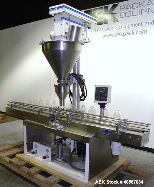 Used Mateer-Burt 3900 Series Automatic Auger Filler, Model 3919. Capable of speeds up to 90 containers per minute, depending on product. Has pin indexing system, bottom up fill and a stainless steel ...