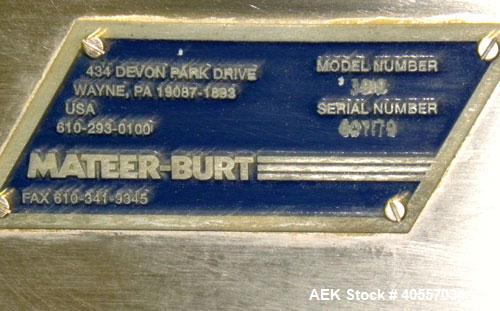 Used Mateer-Burt 3900 Series Automatic Auger Filler, Model 3919. Capable of speeds up to 90 containers per minute, depending on product. Has pin indexing system, bottom up fill and a stainless steel ...