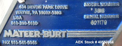 Used Mateer-Burt 3900 Series Automatic Auger Filler, Model 3919. Capable of speeds up to 90 containers per minute, depending on product. Has pin indexing system, bottom up fill and a stainless steel ...