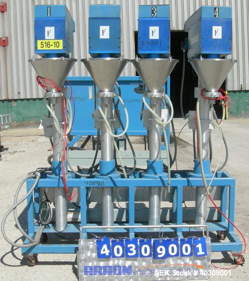 Used Image 4000 Quad Four Head Inline Auger Filling System. Each fillerhas a 22" diameter, 16 gallon, stainless steel agitated hopper. Has 6" diameter charge port on stainless steel cover with inspec...
