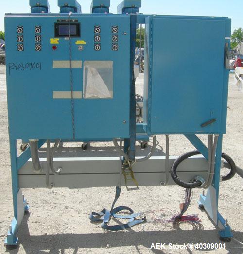 Used Image 4000 Quad Four Head Inline Auger Filling System. Each fillerhas a 22" diameter, 16 gallon, stainless steel agitated hopper. Has 6" diameter charge port on stainless steel cover with inspec...