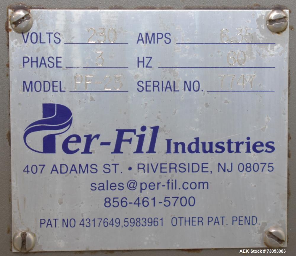 Used- Per Fil Industries PF23  Single Head Auger Filler with Conveyor. Right to Left Configuration. Speeds of 10 - 40 CPM De...
