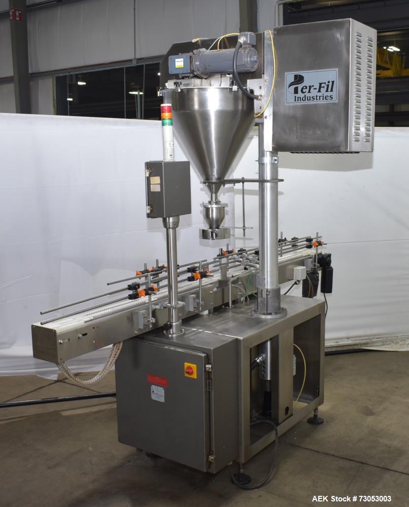 Used- Per Fil Industries PF23  Single Head Auger Filler with Conveyor. Right to Left Configuration. Speeds of 10 - 40 CPM De...