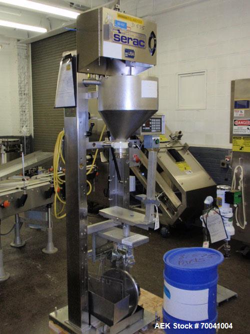 Used Serac Semi Automatic Single Head Filler, Model P1/2229 NW, Stainless Steel. Rated up to 500 containers per hour. Size range from 100 g to 11 kg packages. Height of containers usable under nozzle...