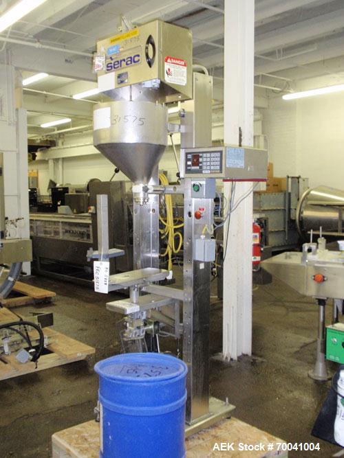 Used Serac Semi Automatic Single Head Filler, Model P1/2229 NW, Stainless Steel. Rated up to 500 containers per hour. Size range from 100 g to 11 kg packages. Height of containers usable under nozzle...