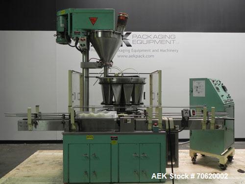 Used All-Fill Model R-212 Rotary Auger Filler. Machine has 12 pockets with dual head auger filler. Has worm screw to starwheel infeed to star discharge. Turret has a 30" pitch for a mximum container ...