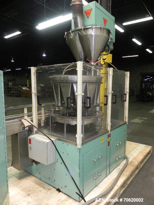Used All-Fill Model R-212 Rotary Auger Filler. Machine has 12 pockets with dual head auger filler. Has worm screw to starwheel infeed to star discharge. Turret has a 30" pitch for a mximum container ...