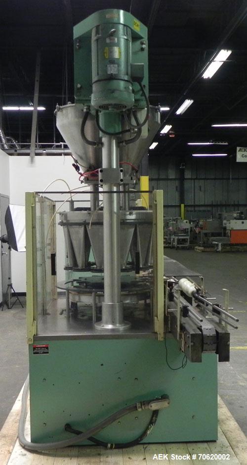 Used All-Fill Model R-212 Rotary Auger Filler. Machine has 12 pockets with dual head auger filler. Has worm screw to starwheel infeed to star discharge. Turret has a 30" pitch for a mximum container ...