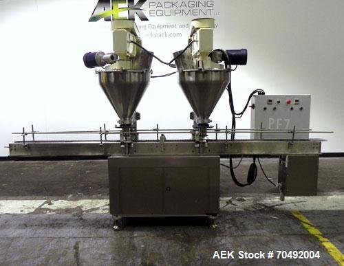 Used Mateer Dual Head Powder Auger Filler. Dual chain conveyor, 3/8" wide x 120" long. Has agitated hoppers. Has spinner plate tooling with dust collection. pneaumatic container indexing & bottom up ...
